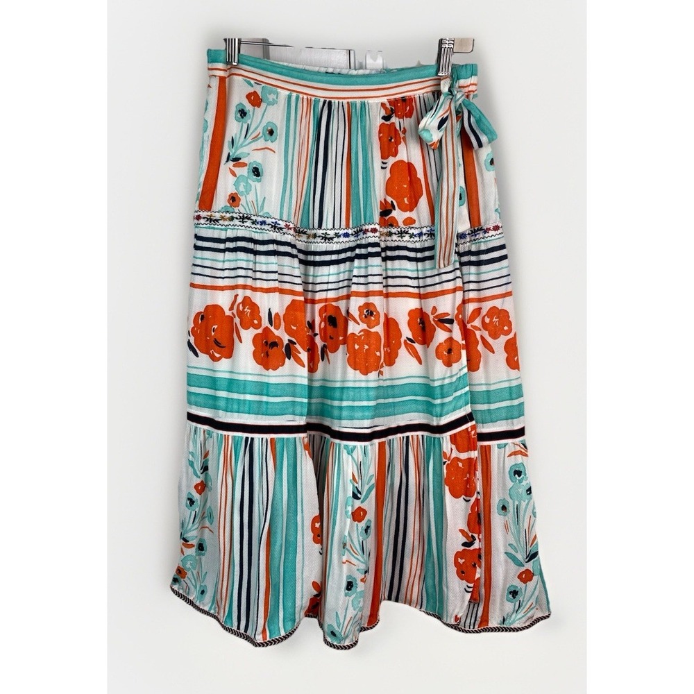 Anthropologie One September Women's S Colorful Floral Striped Rayon Wrap Skirt
